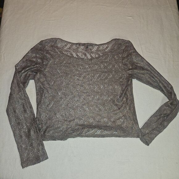 Forever 21 S Cropped Long Sleeve Lace Blouse Metallic Silver Goth Grunge Sheer - Picture 8 of 8